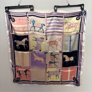 RACE HORSES Equestrian 36" Square Pastel Print Poly Satin Scarf Horse Derby